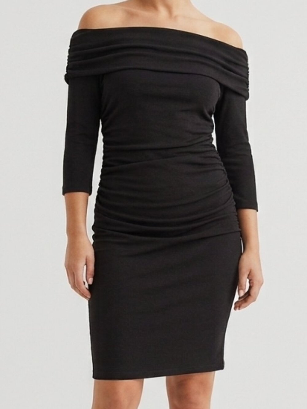 NWT H&M Black Long-Sleeve Off-Shoulder/Cowl Neck Ruched Bodycon Dress Medium